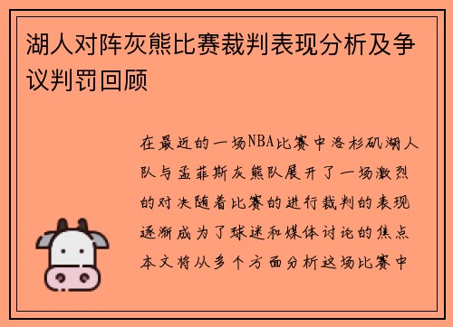 湖人对阵灰熊比赛裁判表现分析及争议判罚回顾